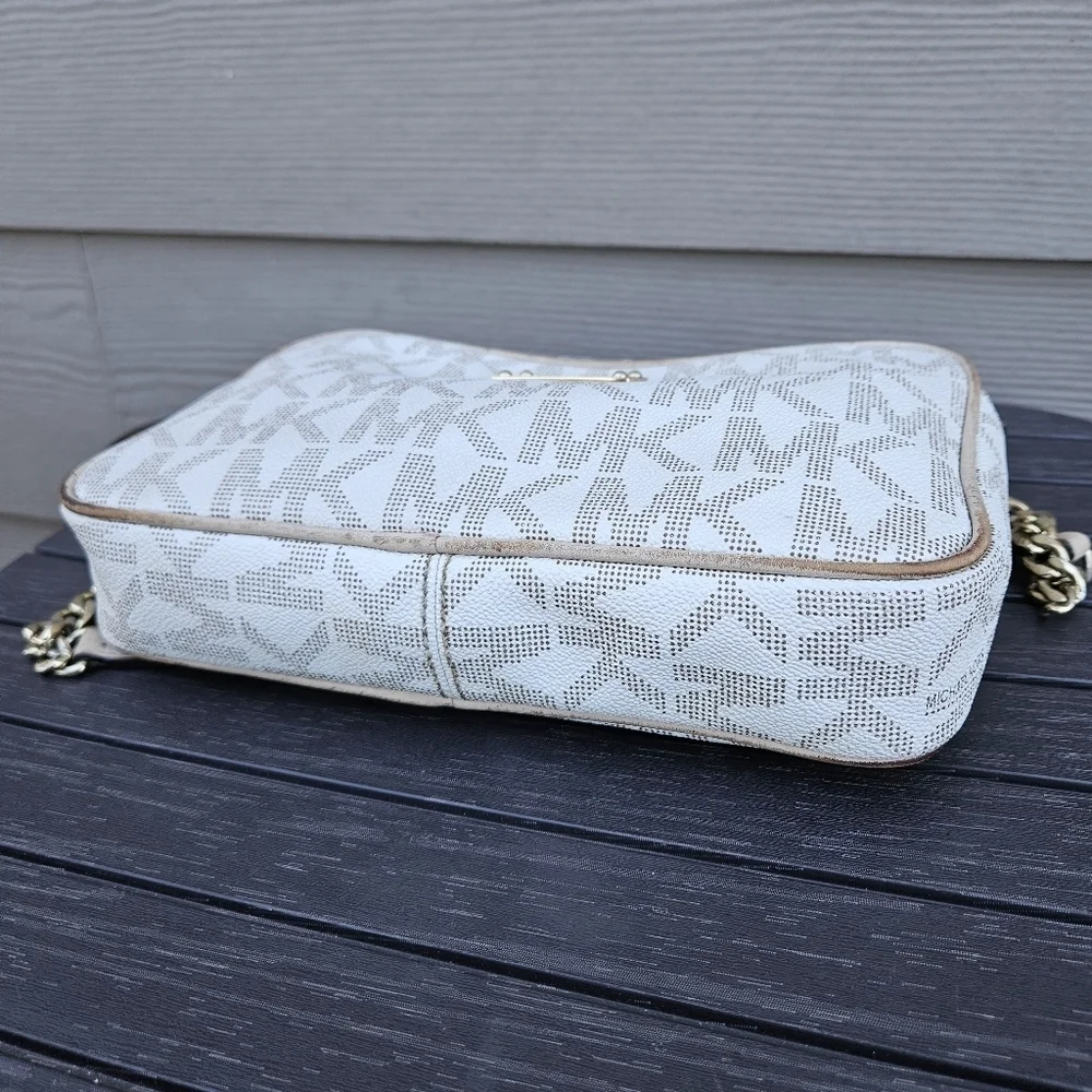 Michael Kors White Fulton Monogram Logo Crossbody Purse Gold Chain Small Bag